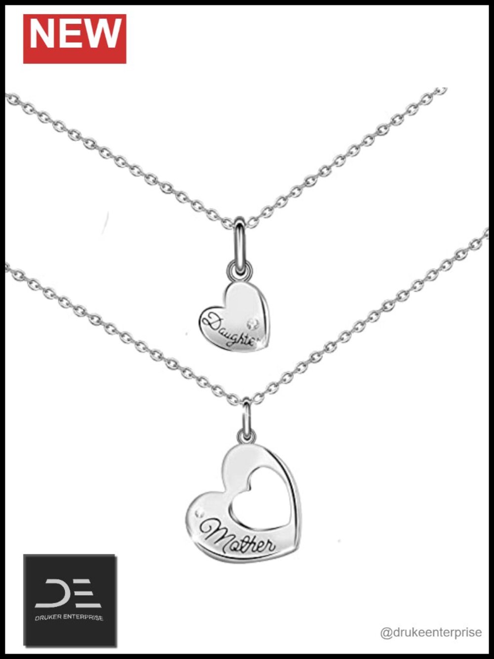 Sterling Silver Mother Daughter Necklace Matching Heart Pendant Set